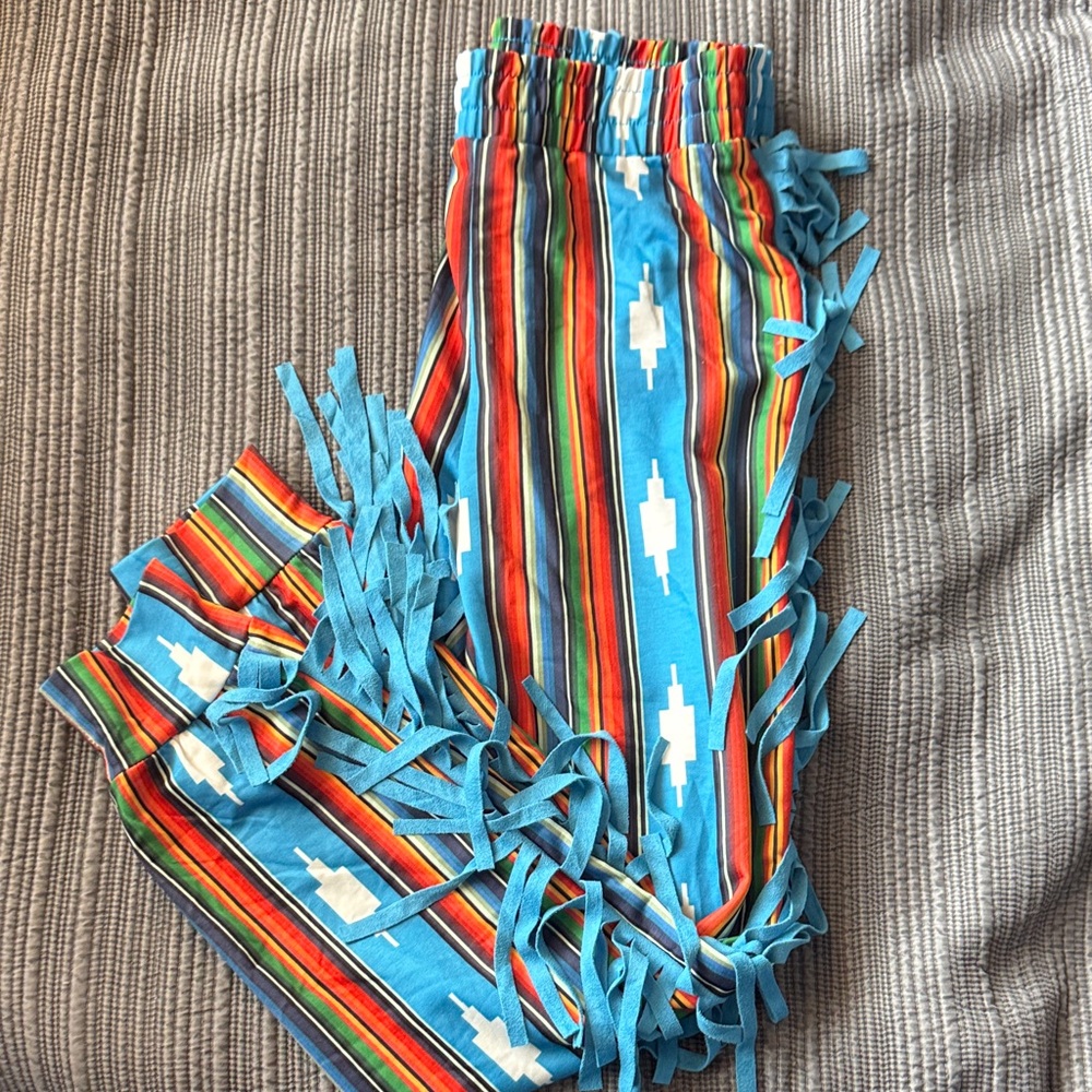 Lucky & Blessed Turquoise Southwestern Stripe Fringe Leggings
